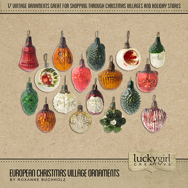 Perfect for travels to Europe during Christmas, preserving memories and traditions of your family history, remembering Christmas at home, or holiday shopping in quaint Christmas villages and shops, this digital art embellishments only kit is full of vintage colored ornaments ready to adorn your digital Christmas pages.