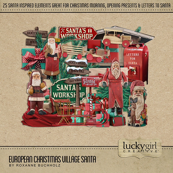 This digital scrapbooking kit is perfect for travels to Europe during Christmas, preserving memories and traditions of your family history, remembering Christmas at home, pictures with Santa Claus, or holiday shopping in quaint Christmas villages and shops, this digital art embellishments only kit is full of vintage Santa Claus themed elements.