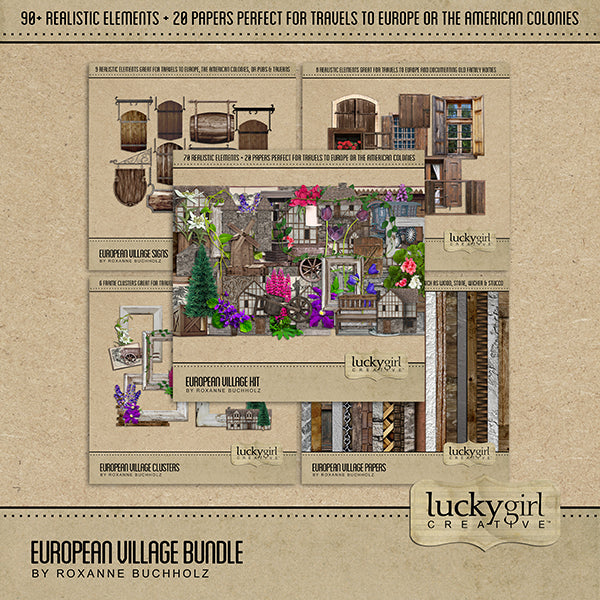 Perfect for travels to Europe, preserving memories of your European family history, or documenting the American colonies, this digital art bundle is full of realistic embellishments of country village houses, taverns, vintage churches, mills, a windmill, pub and tavern signs, windows and shutters, frame clusters, and more. 