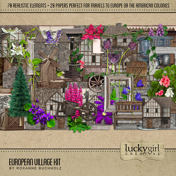 Perfect for travels to Europe, preserving memories of your European family history, or documenting the American colonies, this digital art embellishment only kit is full of realistic embellishments of country village houses, taverns, churches, mills, a windmill, and more. Accent your digital scrapbook pages with wild flowers, wishing wells, wheelbarrows, wooden crates, doors, a wood fence, and so much more!