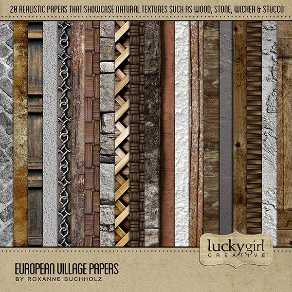 This digital scrapbook paper kit is perfect for travels to Europe, preserving memories of your European family history, or documenting the American colonies, this digital art paper kit is full of a nice mix of natural elements including wood, stone, stucco, plaster, and rattan.
