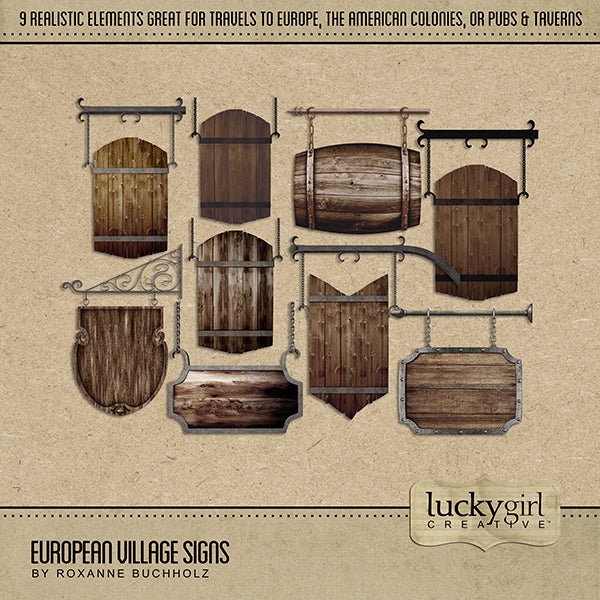 This digital scrapbooking kit is perfect for travels to Europe, preserving memories of your European family history, or documenting the American colonies, this digital art kit features vintage wood pub and tavern signs to drop onto your digital pages. Add your own words and you'll be ready to go in minutes.