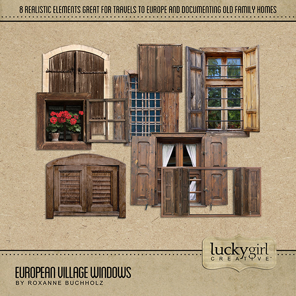 Perfect for travels to Europe, preserving memories of your European family history, or documenting the American colonies, this digital art kit features windows and shutters ready to drop onto your digital pages.