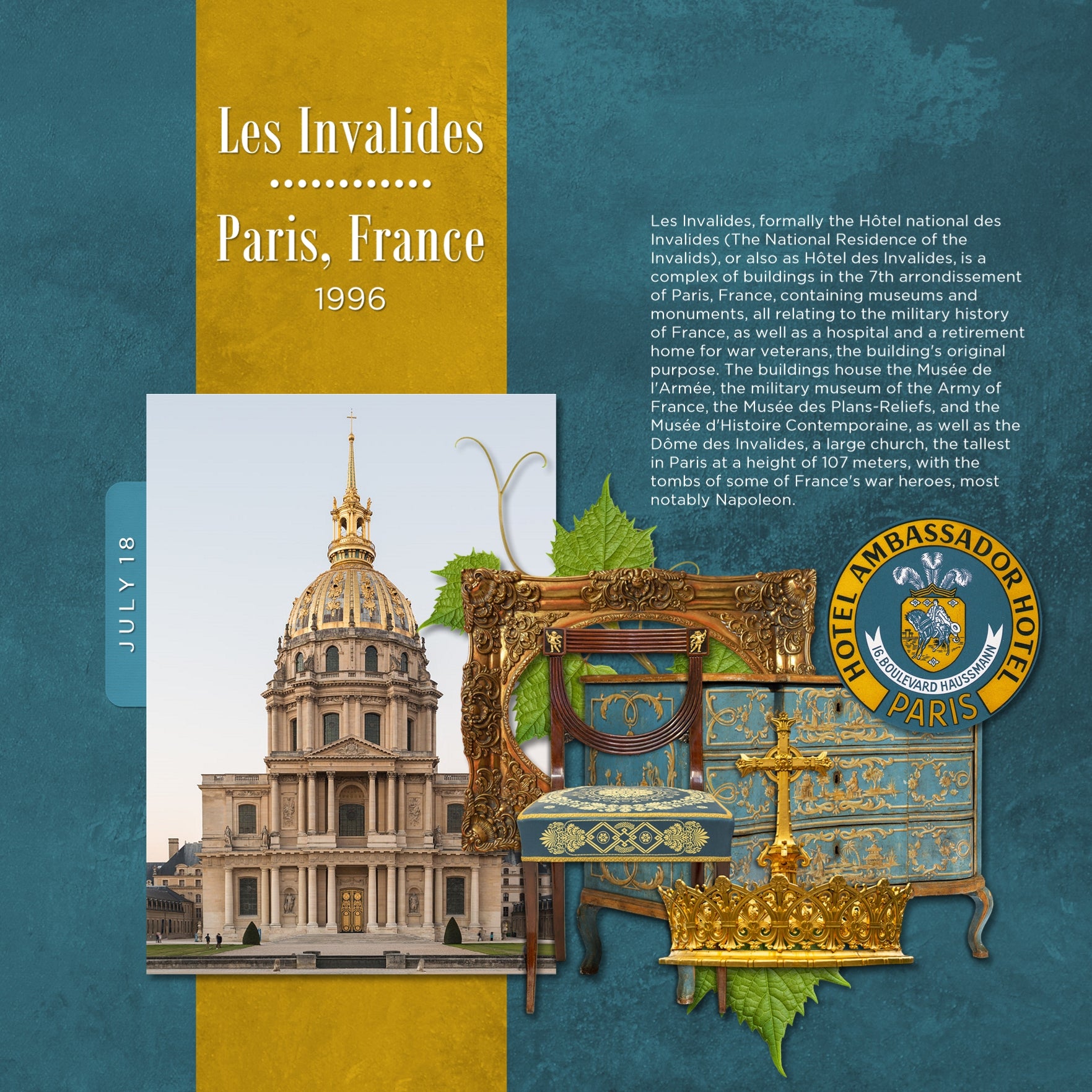 Adventure and explore through France with this beautiful and realistic travel kit filled with authentic French digital art embellishments and designer papers. Whether you have taken a holiday to France, love French cuisine, wine, or coffee shops, exploring museums, or are documenting family genealogy, this collection will authentically accent your photos.