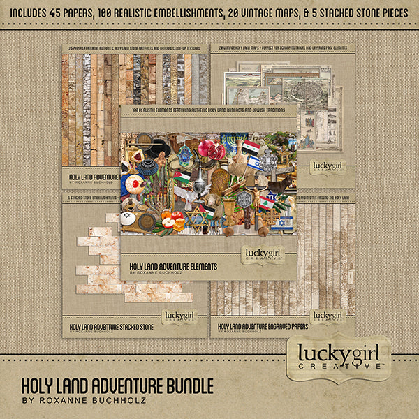Adventure and explore through the Holy Land with this beautiful and realistic travel bundle filled with ethnic embellishments, patterned papers, clusters, vintage maps, and antique engraved papers. Whether you have taken a holiday to the Holy Land, Middle East, or are planning a vacation there, this collection will authentically accent your photos from Israel, Palestine, Jordan, Lebanon, and Syria in the Middle East.