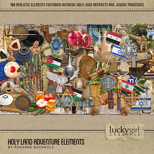 Adventure and explore the Holy Land with this beautiful and realistic travel digital art by Lucky Girl Creative kit filled with ethnic embellishments and ancient papers. This collection will authentically accent your photos from Israel, Palestine, Jordan, Lebanon, and Syria in the Middle East.