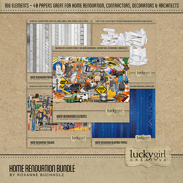 Get ready for some home improvement and remodeling with this Home Renovation Bundle featuring realistic digital art embellishments and versatile papers. Perfect for documenting building a new home, renovations around your house, house painting, interior decorating, handyman work, architects, builders, interior designers, plumbers, electricians, draftsmen, construction, and more.