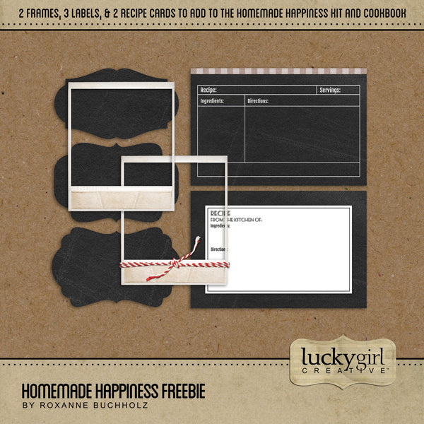 Enjoy a tasty sampling of Homemade Happiness with this free digital art kit. Coordinates perfectly with the Homemade Happiness Kitchen Kit, sold separately. Includes recipe cards, chalkboard, blackboard, label, antique Polaroid frames.