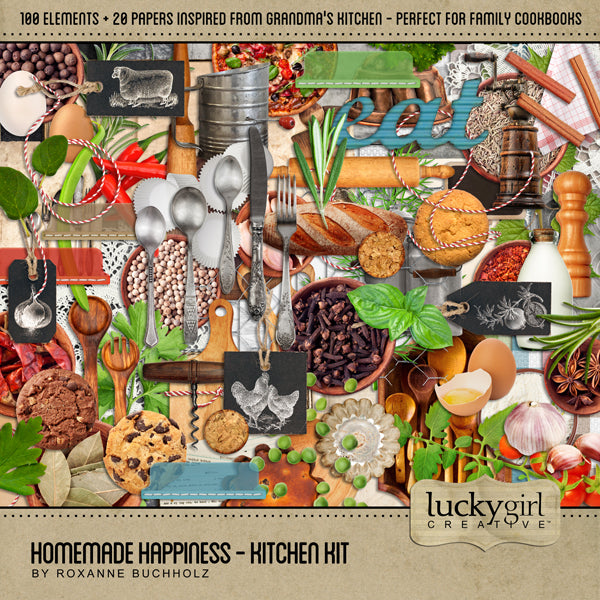 Homemade happiness is often made in Grandma's kitchen during the holidays. This digital scrapbooking kit is perfect for creating family cookbooks and preserving recipes handed down from generation to generation of cooks.