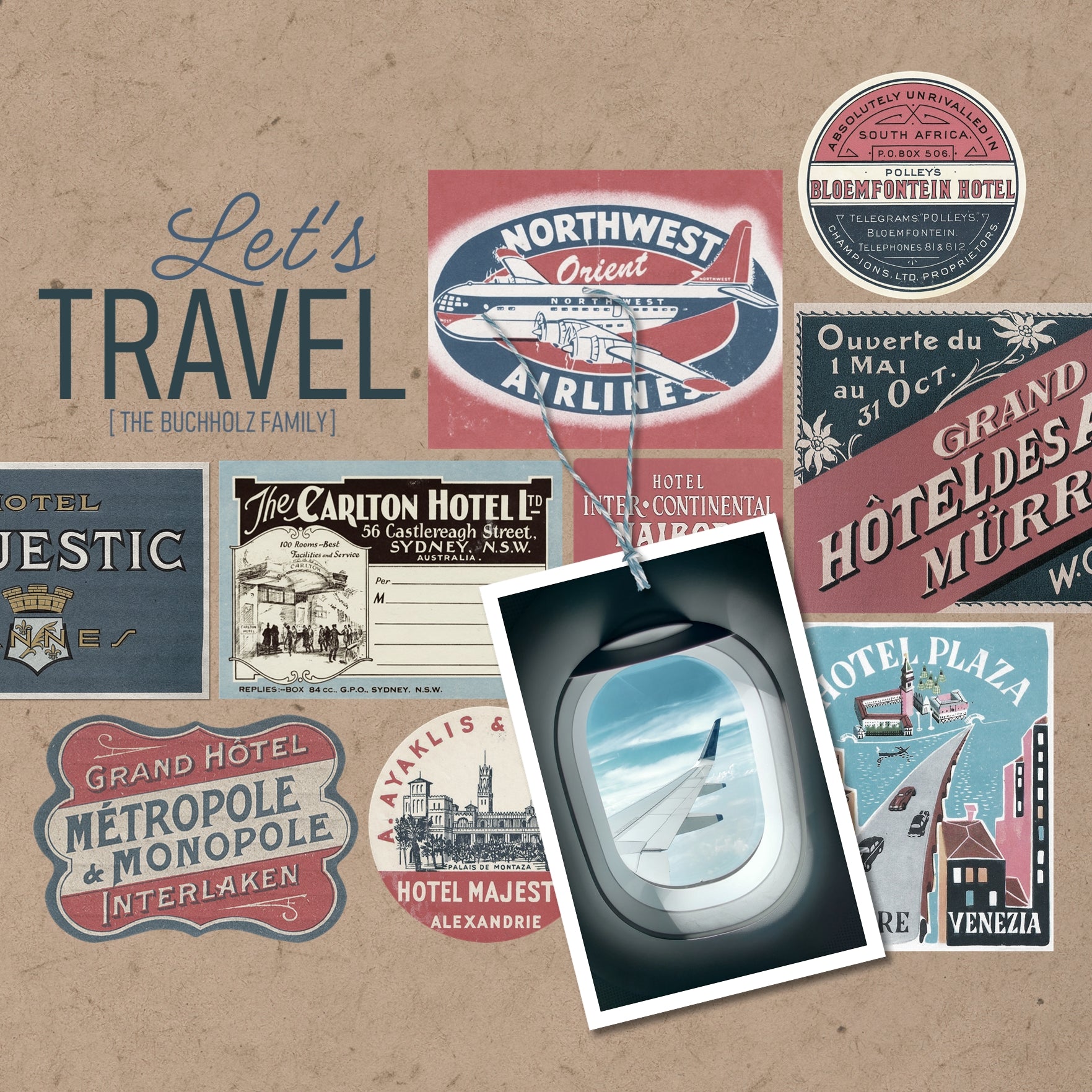 This digital art collection of vintage hotel luggage labels from around the world is the perfect addition to any travel pages.