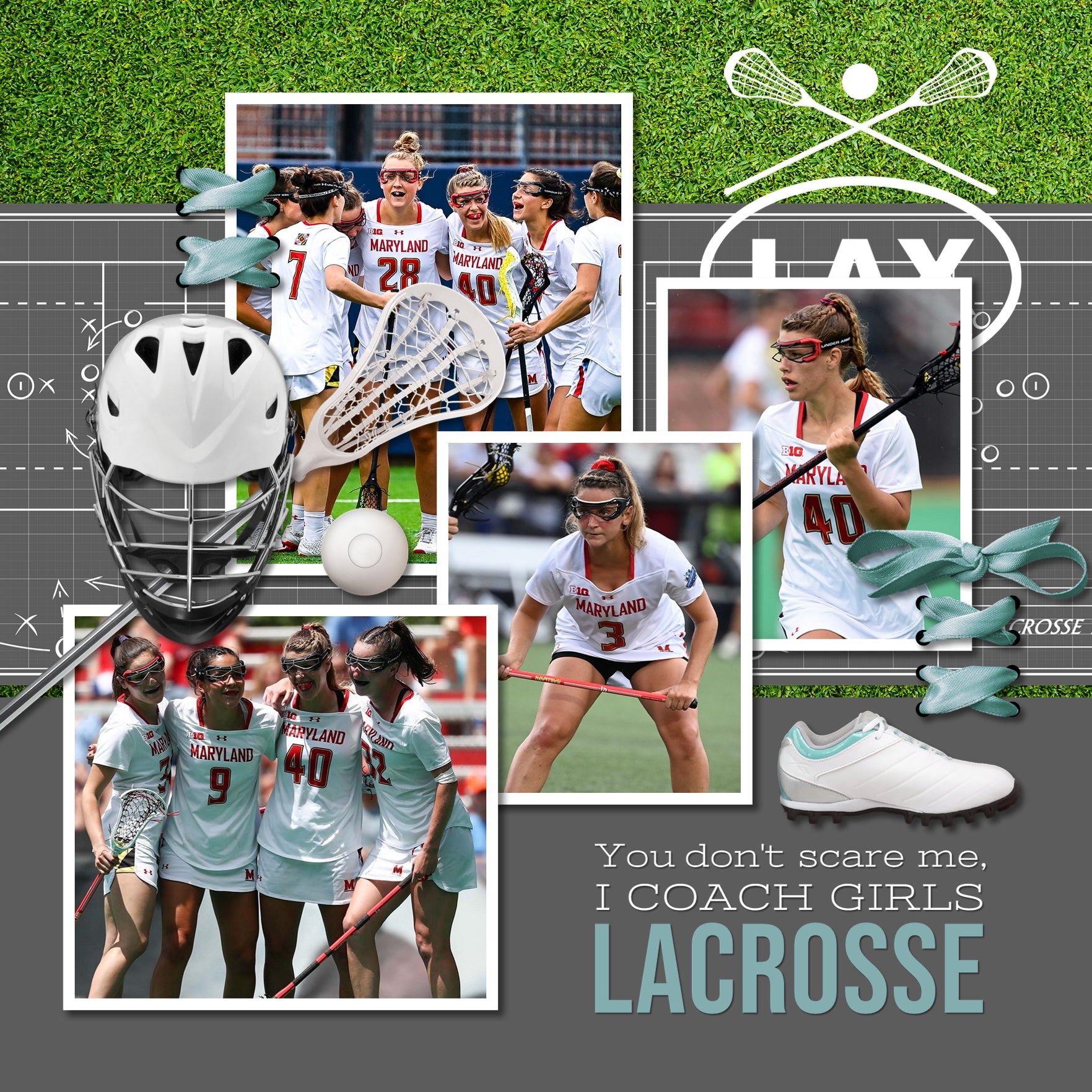 This clean and refreshing Ladies Lacrosse Digital Scrapbook Kit by Lucky Girl Creative covers all aspects of lacrosse in a photo-realist style that would appeal to anyone. Many of the digital art embellishments are neutral and can be used for men’s lacrosse as well. Embellishments include all protective gear, goggles, helmets, gloves, arm pads, knee pads, sticks, ball, tennis shoes, shoe laces, mouth guard, medals, LAX stickers, LAX stamps, field of play, clip board, strategy plays, netting, and more!