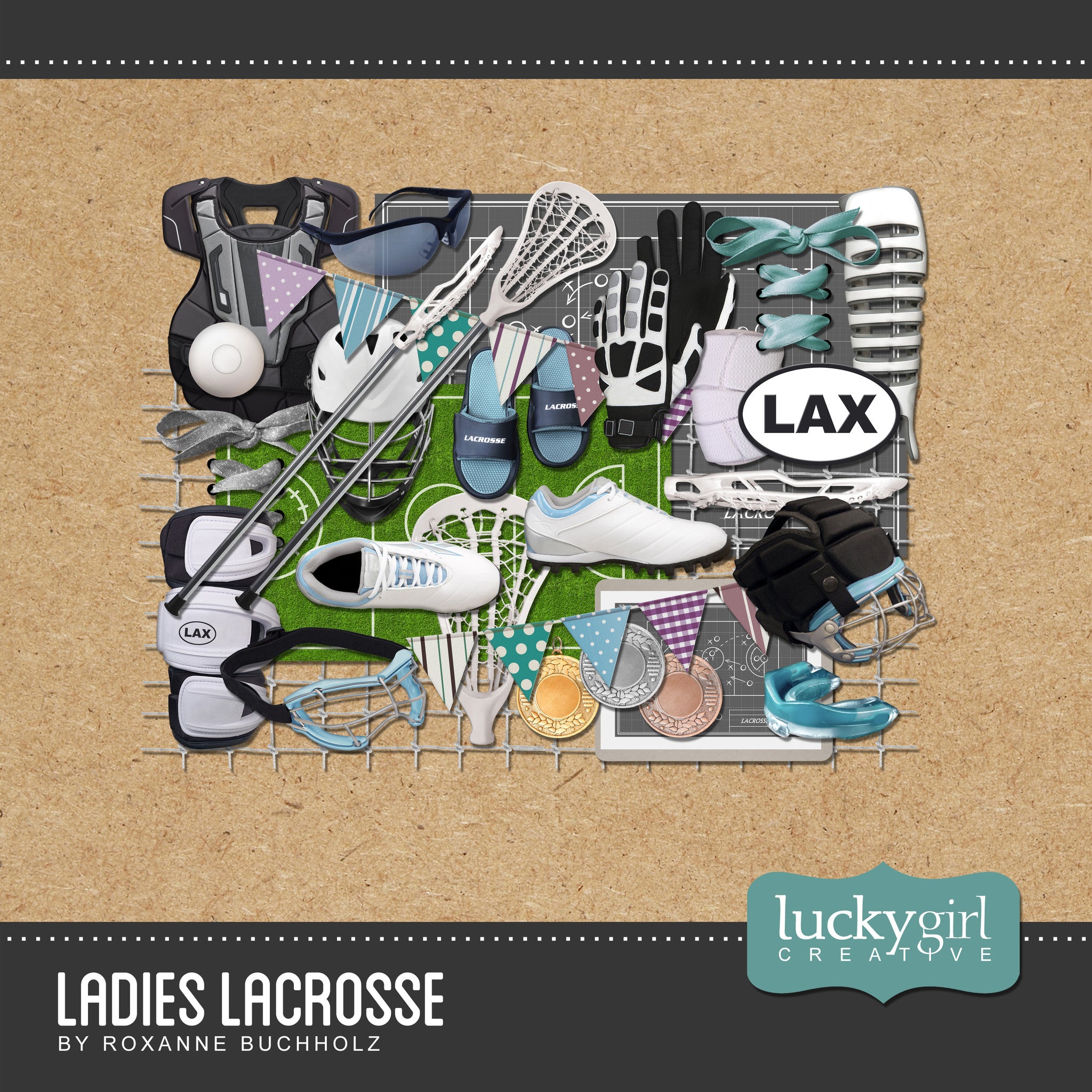 This clean and refreshing Ladies Lacrosse Digital Scrapbook Kit by Lucky Girl Creative covers all aspects of lacrosse in a photo-realist style that would appeal to anyone. Many of the digital art embellishments are neutral and can be used for men’s lacrosse as well. Embellishments include all protective gear, goggles, helmets, gloves, arm pads, knee pads, sticks, ball, tennis shoes, shoe laces, mouth guard, medals, LAX stickers, LAX stamps, field of play, clip board, strategy plays, netting, and more!