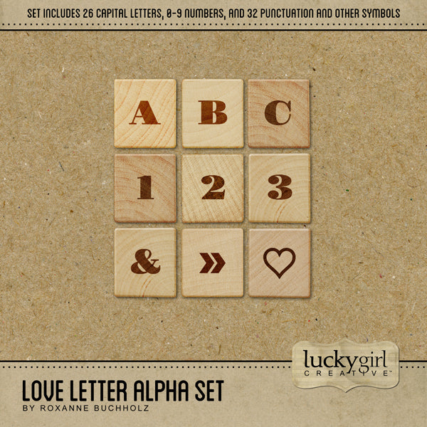 Filled with vintage yet modern digital art wood tiles, this Love Letter Alpha Set Digital Scrapbook Kit will help you accent your love story or Valentine's Day plus everyday projects, too. These Scrabble inspired wood tiles are 2" in size and feature dark brown letters printed on each.
