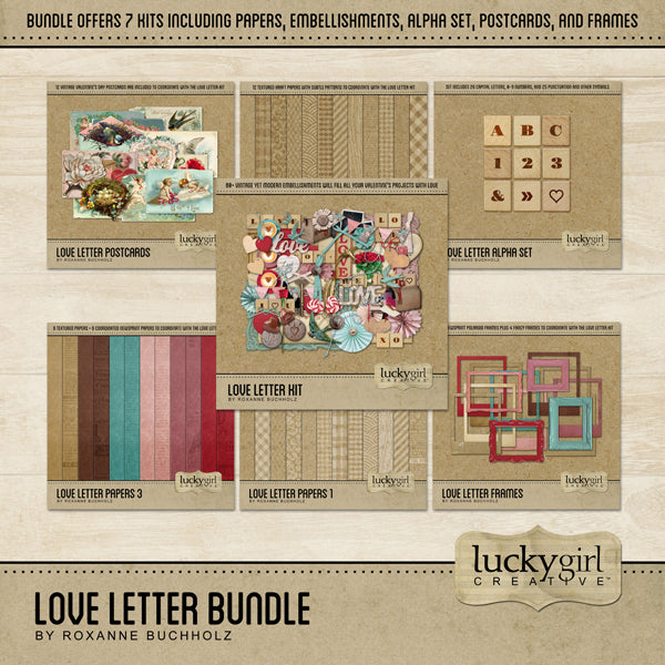 Filled with vintage yet modern digital art embellishments, papers, frames, antique postcards, and alpha set, this Love Letter Digital Scrapbook Bundle, will help you document your love story or accent your Valentine's Day projects. 