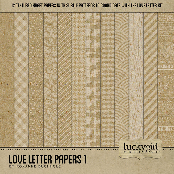 Filled with vintage yet modern kraft digital art papers, this Love Letter Papers 1 Digital Scrapbook Kit will help you document your love story or Valentine's Day plus everyday projects, too. Each paper in this collection features a transparent white texture or print on top of a brown kraft paper. Textures include: newsprint, damask, diamonds, plaid, diagonal stripes, scallops, wood grain, and more. 