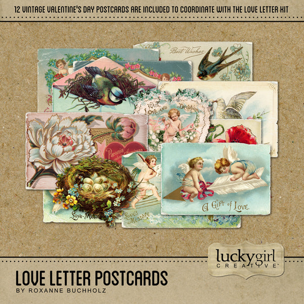 Filled with vintage digital art postcards, this Love Letter Postcards Digital Scrapbook Kit will help you document your love story or accent your Valentine's Day projects. In hues of pink, red, teal blue, and beige, this collection is filled with 12 antique postcards with distressed edges and corners.