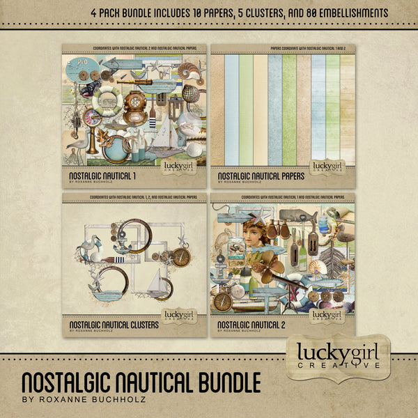 Featuring vintage nautical digital art embellishments, this ocean loving bundle, Nostalgic Nautical Digital Scrapbook Bundle, will keep you reminiscing about your beach vacation memories! Neutral colors with touches of soft green and blue will make any seaside adventure extra dreamy. Filled with shells, netting, cork floats, buoys, pulleys, antique diving helmet, life preserver, whale, boats and oars, wood signs and anchor, portholes, telescope, frames, rope, tags, ocean wildlife, and more.