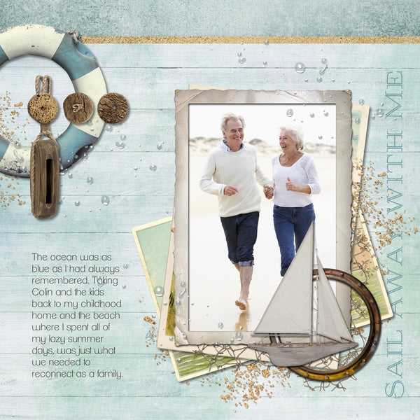 Featuring vintage digital art nautical embellishments, this ocean loving kit, Nostalgic Nautical 1 Digital Scrapbook Kit, will keep you reminiscing about your beach vacation memories! Neutral colors with touches of soft green and blue will make any seaside adventure extra dreamy. Filled with shells, netting, cork floats, buoys, pulleys, antique diving helmet, life preserver, whale, wood signs, portholes, rope, tags, ocean wildlife, and more.