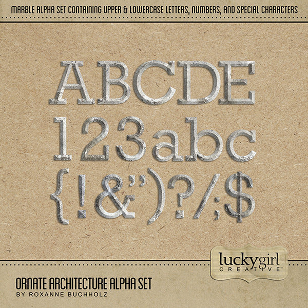 The Ornate Architecture Alpha Set consists of a full set of digital art uppercase and lowercase letters, numbers 0-9, and 29 punctuation marks. This alpha set is available as individual embellishments only. Created with a marble and stone texture, this alphabet set with numbers and punctuation is great for vacation, travel adventures, and everyday use.