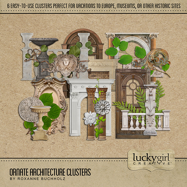 The Ornate Architecture Clusters digital scrapbook kit features authentic digital art antique architectural stone artifacts, fast and ready to use on all your digital scrapbook pages. Great for accenting photos and layering pieces on visits to the museum or vacations to historic sites. Features marble columns, a fireplace, fountain, balusters and railings, baptism font, decorative architectural details, and more.