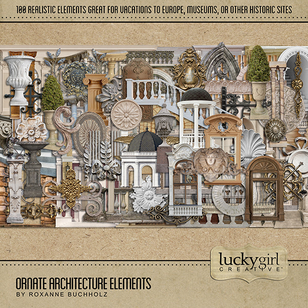 The Ornate Architecture Elements digital scrapbook kit features authentic digital art antique architectural stone artifacts, metal pieces, plus versatile granite and marble accents. Great for layering pieces on visits to the museum or vacations to historic sites. Features marble statues, decorative architecture details such as arches, fountains, and columns, buildings, stairs, balusters and railings, baptism font, topiaries, doors, windows, and stone fireplaces.