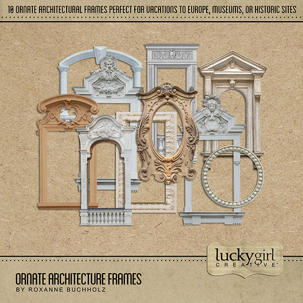 The Ornate Architecture Frames digital scrapbook kit features authentic digital art antique architectural stone, plaster, and marble decorative frames. Great for layering pieces on visits to the museum or vacations to historic sites or framing your favorite photo or piece of art.