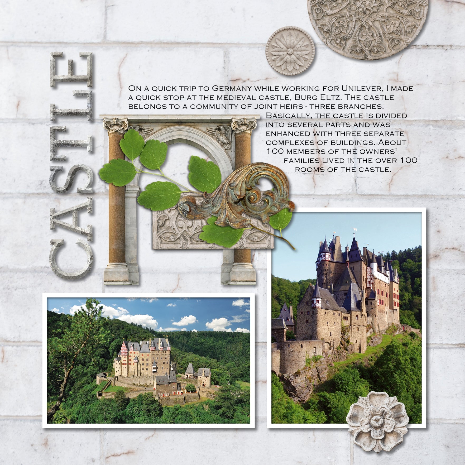 The Ornate Architecture Papers digital scrapbook kit features authentic digital art antique architectural stone artifacts, granite, marble, plaster, and stucco papers. Great for layering pieces on visits to the museum or vacations to historic sites or using as elegant page backgrounds.