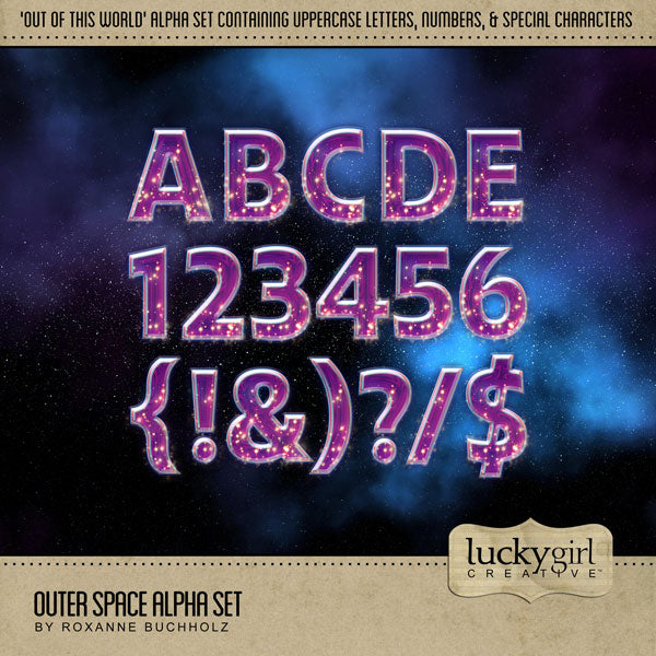 This ‘Out of this World’ Alpha Set features a starry galaxy-like background. The Alpha Set by Lucky Girl Creative includes 1 Uppercase Alpha Set + Numbers + 30 Special Characters / Punctuation. Great for pages including Toy Story, Star Wars, Star Trek, Guardians of the Galaxy, Lightyear, NASA, SpaceX, space exploration, and space observatory trips.