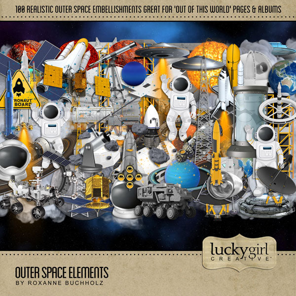 This ‘Out of this World’ digital art embellishments-only kit by Lucky Girl Creative features astronaut flats and realistic outer space embellishments that would be excellent for space-inspired pages. Great for pages including Toy Story, Star Wars, Star Trek, Guardians of the Galaxy, Lightyear, NASA, SpaceX, space exploration, and space launch or space observatory trips. 
