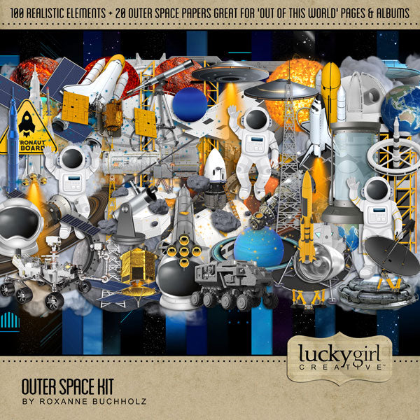 This ‘Out of this World’ digital art kit by Lucky Girl Creative features astronaut flats and realistic outer space embellishments and papers that would be excellent for space-inspired pages. Great for pages including Toy Story, Star Wars, Star Trek, Guardians of the Galaxy, Lightyear, NASA, SpaceX, space exploration, and space launch or space observatory trips. 