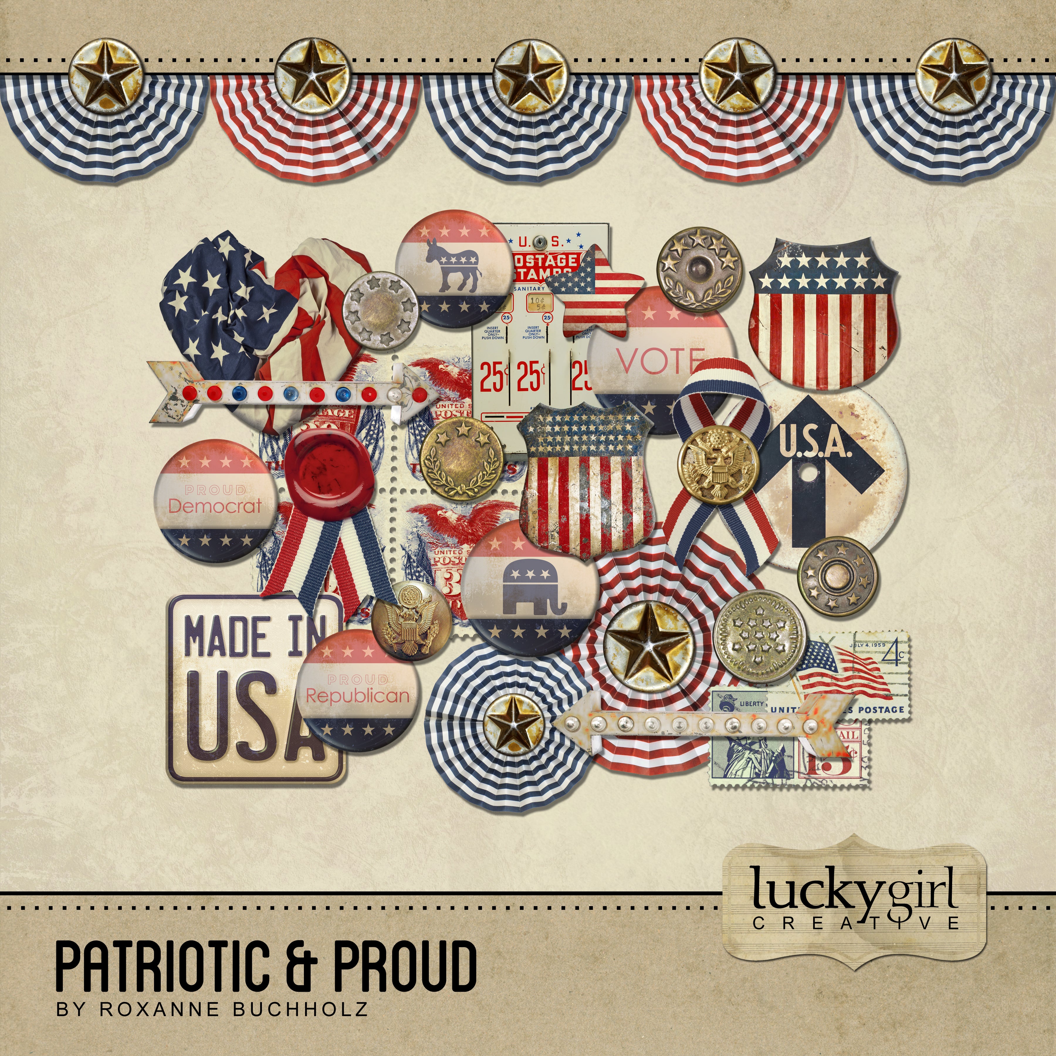 Patriotic and Proud is what you'll feel when you use this digital art embellishments only kit to accent your Fourth of July and Independence Day activities or your right to vote in the election! Filled with vintage inspired embellishments including United States postage stamps and stamp machine, lighted signage arrows, patriotic ribbons, star buttons, antique metal signs, voter buttons for the Democrat or Republican, and red, white, and blue buntings for the holiday to celebrate America's independence.