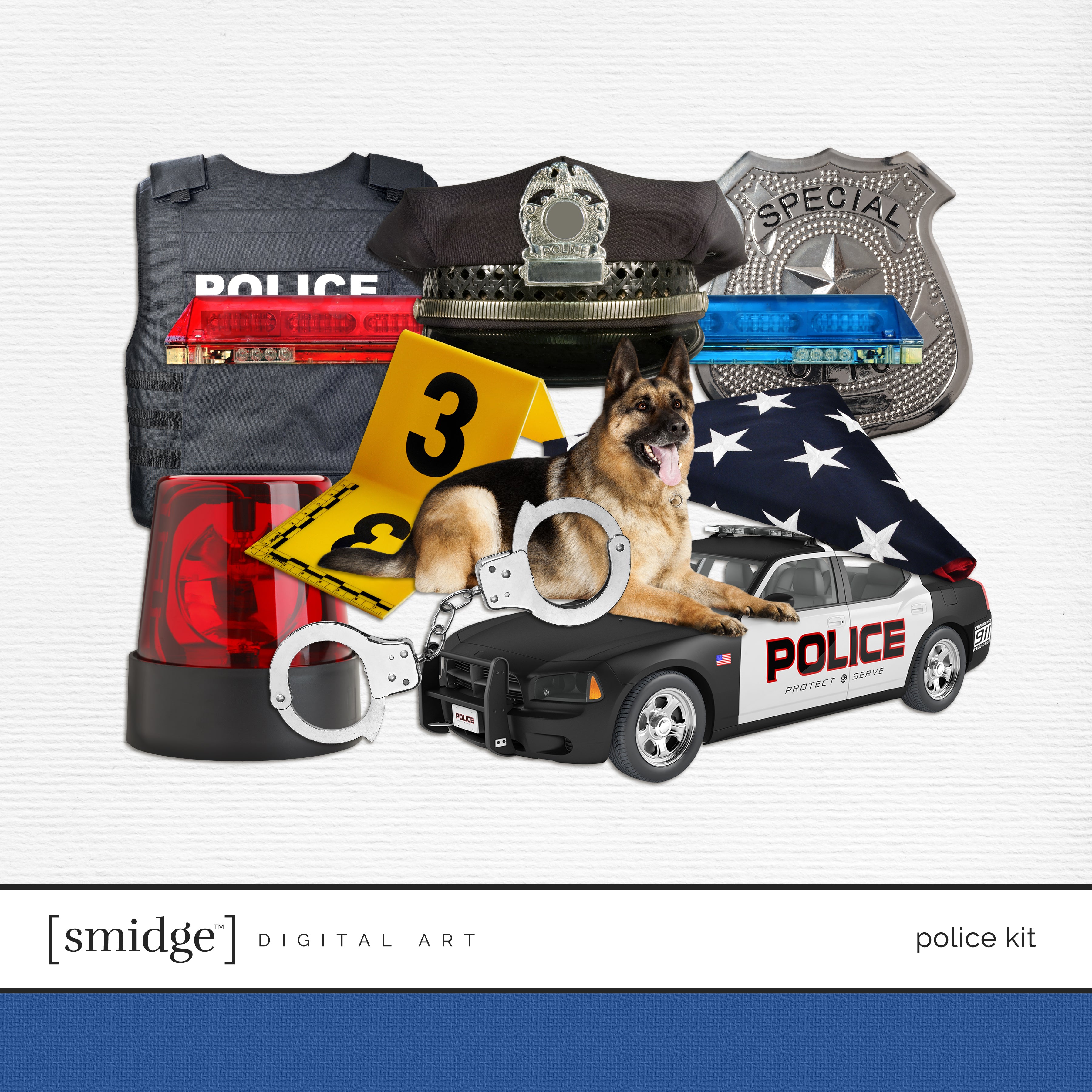 Let's celebrate real heroes who choose to protect and serve our community everyday. Pick up this realistic Police Digital Scrapbooking Kit filled with a perfect smidge of digital art elements.  Digital embellishments include a police vest, police hat, police badge, red siren light, police squad car, handcuffs, siren bar, investigation number marker, and German Shepherd dog.