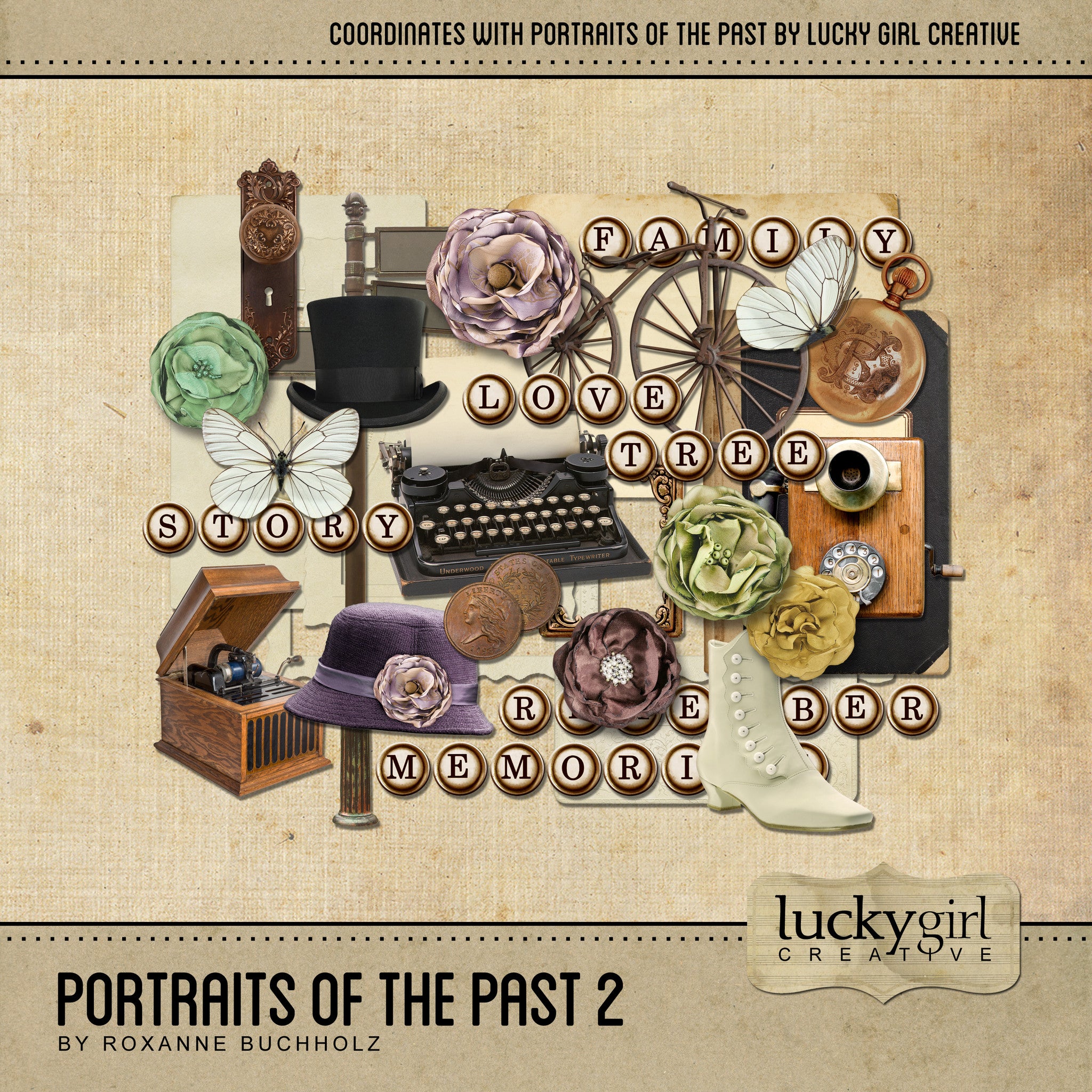 Portraits of the Past 2 Digital Scrapbook Kit is the vintage collection to look to for life stories, family history, genealogy, and any project with a historical style or subject matter. While the digital art elements have a decidedly antique look from the 1920's - 1940's, the word art will be at home on any project featuring family. Typewriter key words include love, family, tree, memories, remember, and story.