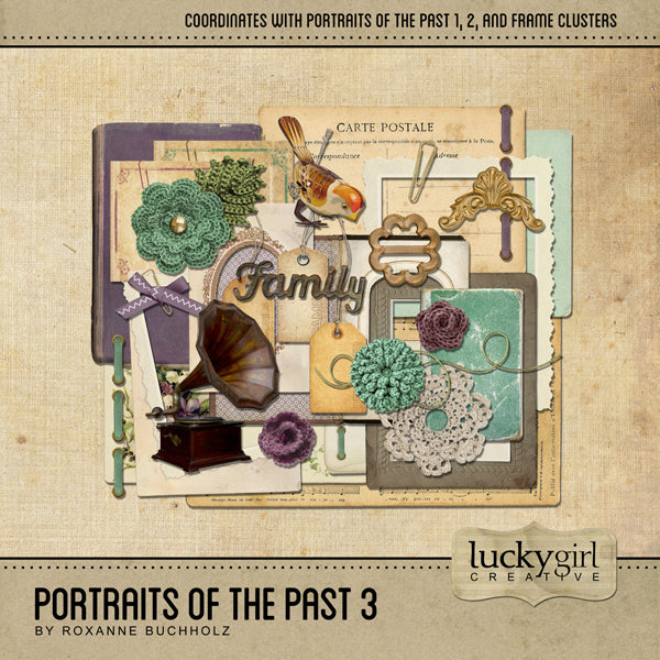 This vintage Portraits of the Past 3 Digital Scrapbook Kit with pops of purple, teal, and gold, will be perfect to use when documenting life stories, family history, genealogy, and any project with a historical style or subject matter. While the digital art elements have a decidedly antique look from the 1920's - 1940's, the embellishments will be at home on any project featuring family. Crochet flowers, doilies, gold flair, and a vintage gramophone will add a welcome accent.