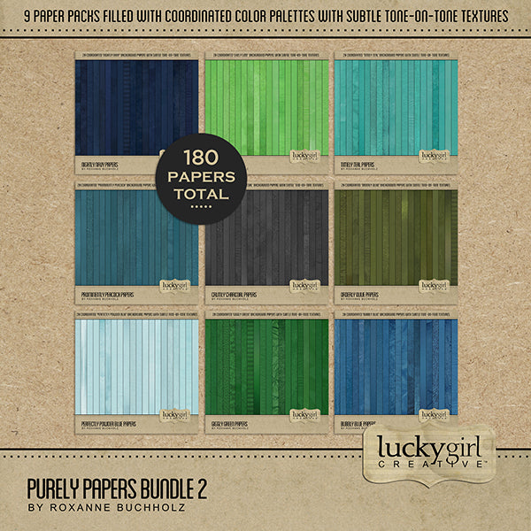 Purely Papers Digital Scrapbook Bundle 2 offers 180 unique digital designer papers in a cool palette with subtle textures. The 9 kits (20 papers each) included in the bundle are Bubbly Blue, Calmly Charcoal, Giggly Green, Lively Lime, Nightly Navy, Orderly Olive, Perfectly Powder Blue, Prominently Peacock, and Timely Teal.