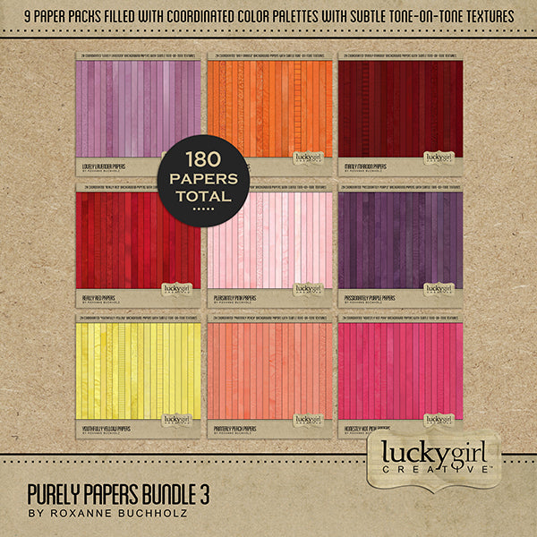 Purely Papers Digital Scrapbook Bundle 3 offers 180 unique digital designer papers in a warm palette with subtle textures. The 9 kits (20 papers each) included in the bundle are Honestly Hot Pink, Lovely Lavender, Manly Maroon, Only Orange, Painterly Peach, Passionately Purple, Pleasantly Pink, Really Red, and Youthfully Yellow.