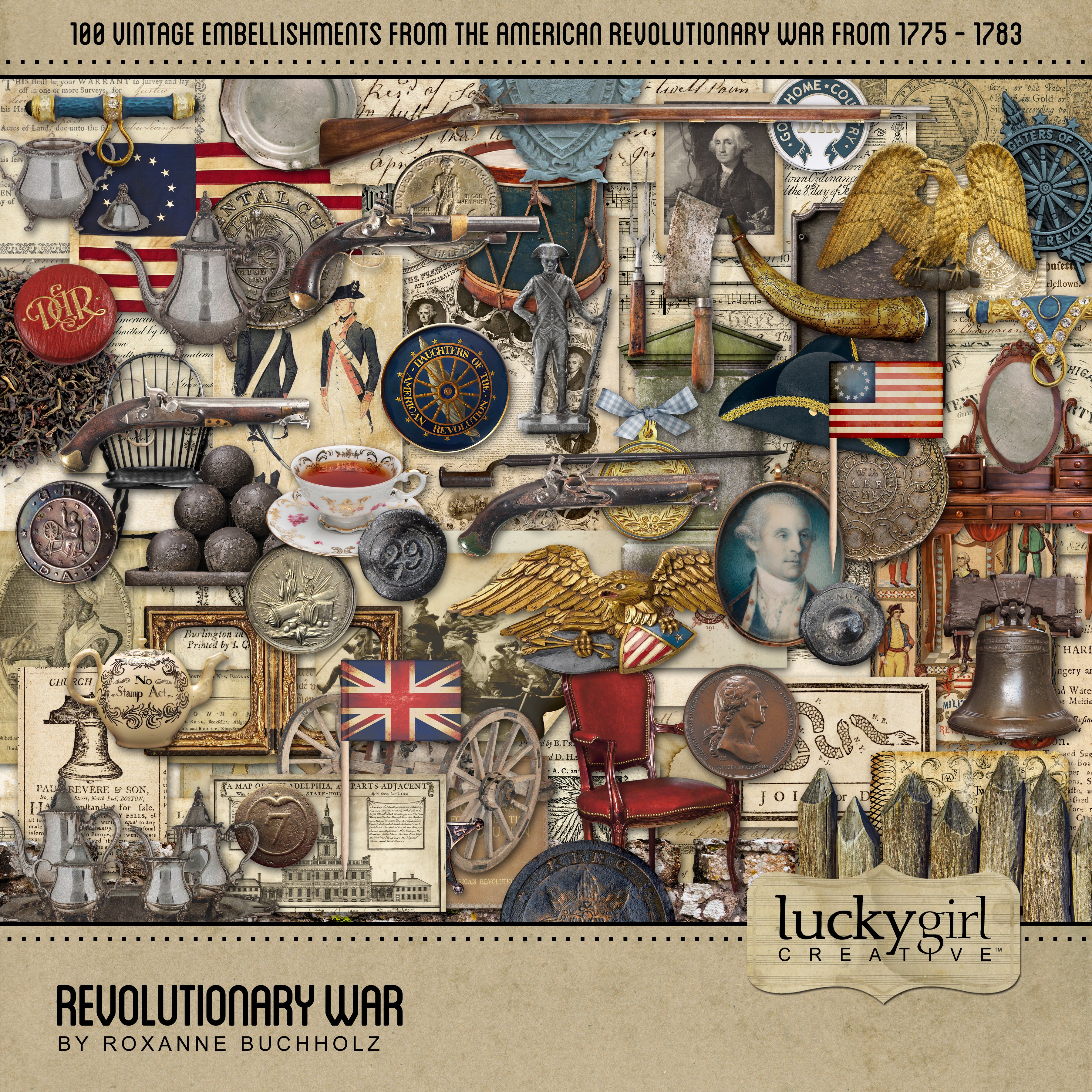 Extensively researched, this American Revolutionary War Digital Scrapbook Kit is filled with antique historic digital art embellishments for family genealogy projects. It showcases 1775 - 1783 when the 13 American colonies fought Great Britain for their freedom.