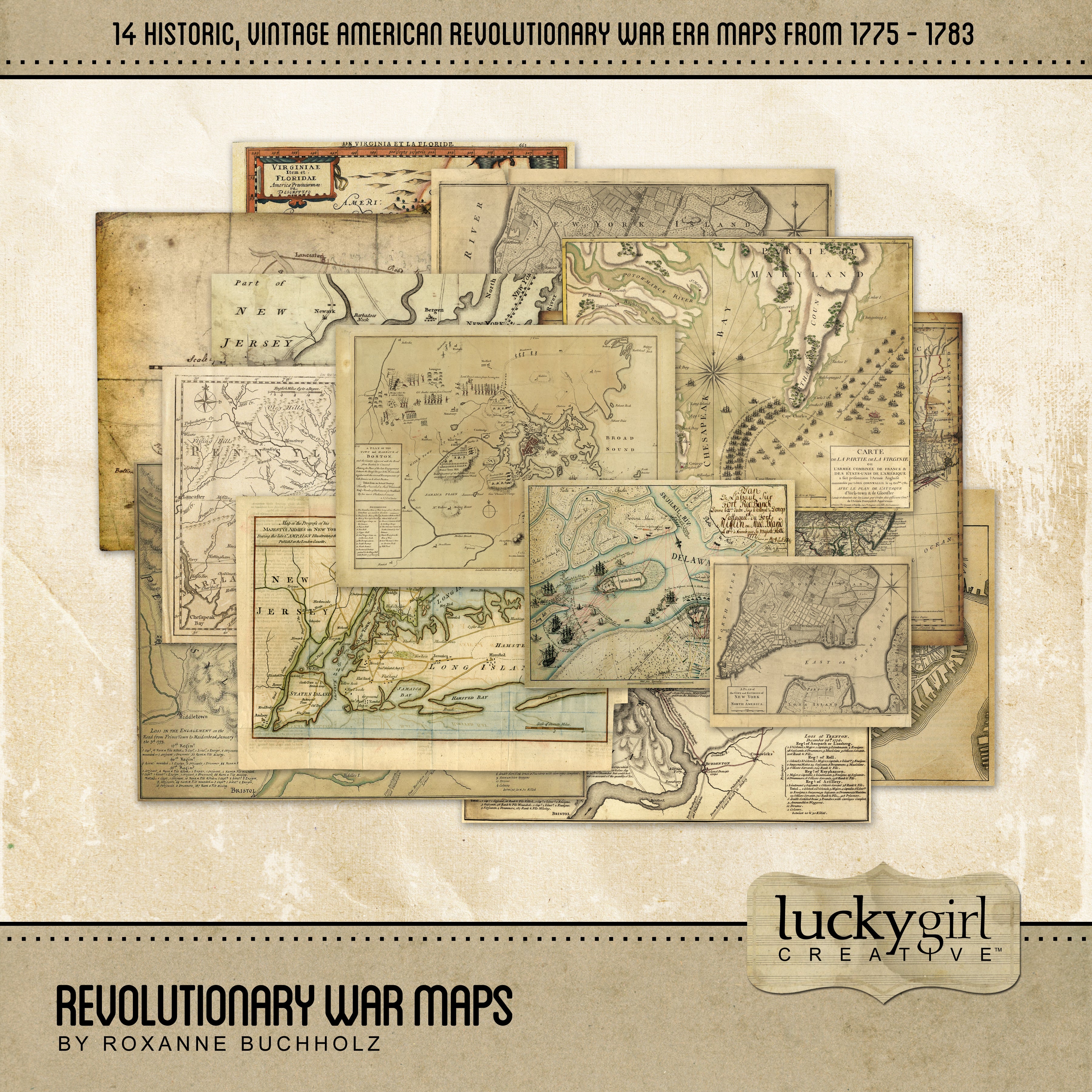 Extensively researched, this vintage American Revolutionary War Maps Digital Scrapbook Kit is great for family genealogy projects. It showcases 14 antique digital art maps and charts from around 1775 - 1783 when the 13 American colonies fought Great Britain for their freedom.