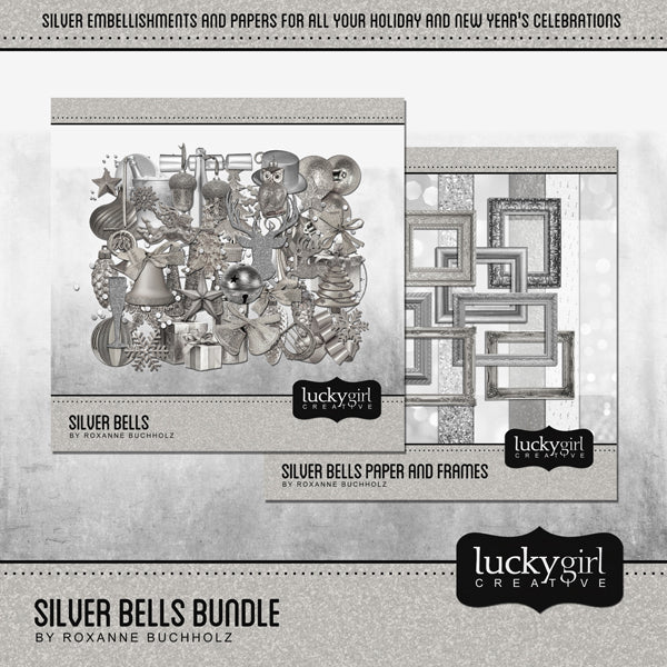 This silver themed digital art collection, Silver Bells Digital Scrapbook Bundle, is right on trend and perfect for the holiday season whether for Christmas or the New Year. Silver Bells Digital Scrapbook Kit features a photo-realist style that would appeal to anyone and will make the perfect holiday cards or birthday party, wedding, or anniversary scrapbooking pages. This kit pairs perfectly with the Silver Bells Paper and Frames Digital Scrapbook Kit also available for purchase.