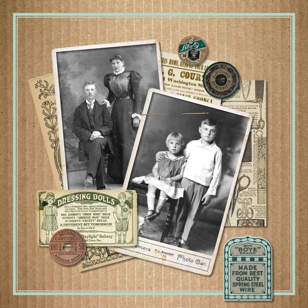 The Stitches in Time Digital Scrapbook Kit features many vintage newspaper advertisements, sewing needles, spools of thread, and antique frames. This digital art collection is perfect for family keepsake albums and genealogy research as it captures the times of the 1920’s - 1940’s and is neutral in its color palette with accents of turquoise and gold.