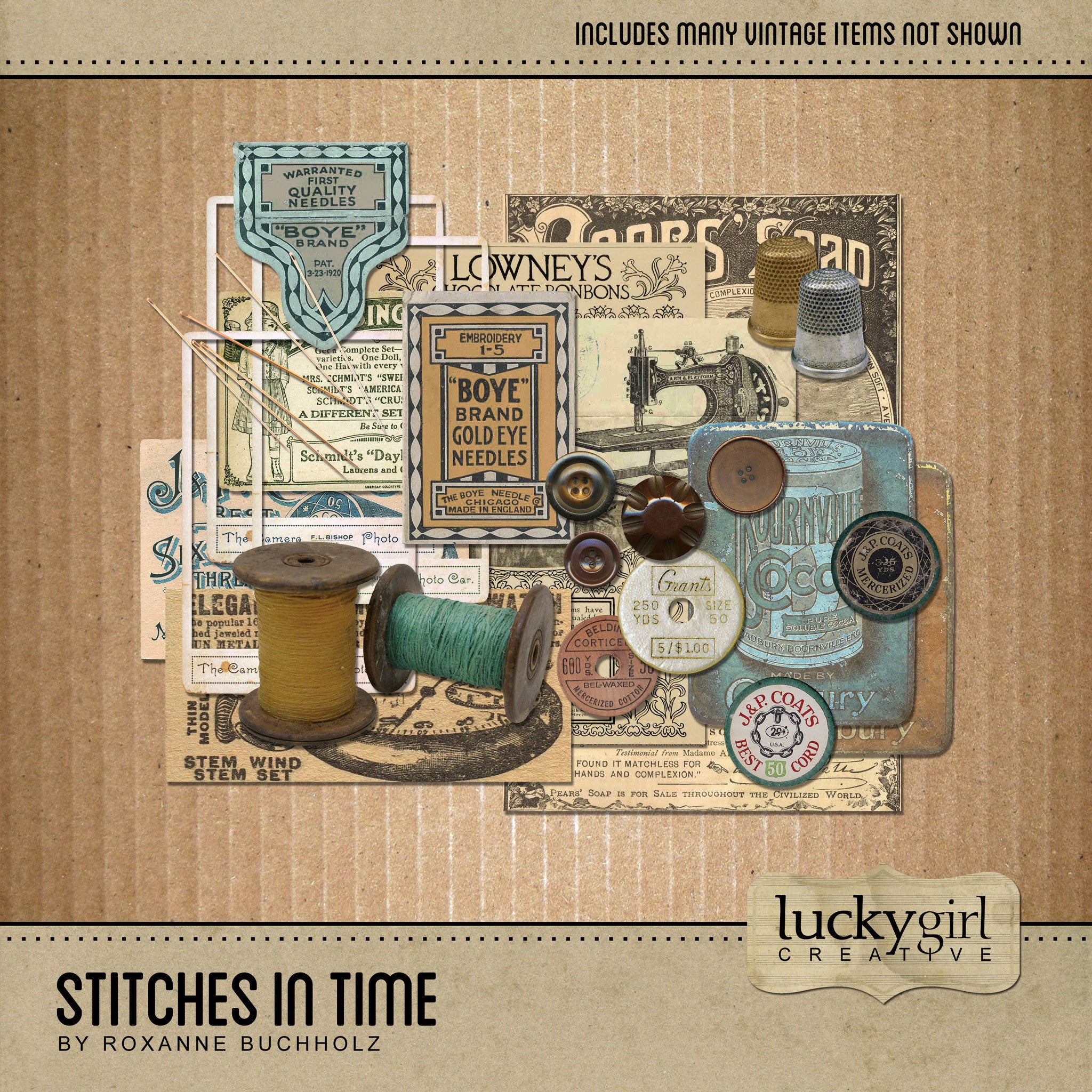 The Stitches in Time Digital Scrapbook Kit features many vintage newspaper advertisements, sewing needles, spools of thread, and antique frames. This digital art collection is perfect for family keepsake albums and genealogy research as it captures the times of the 1920’s - 1940’s and is neutral in its color palette with accents of turquoise and gold.