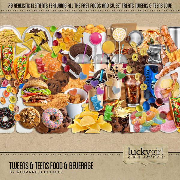 The Tweens & Teens Food & Beverage Kit by Lucky Girl Creative is filled with everything you'll need to document your children's or grandchildren's favorite foods and drinks. Whether you have a young boy or girl, this collection features candy, fast food, sweet treats, and late-night delivery options.