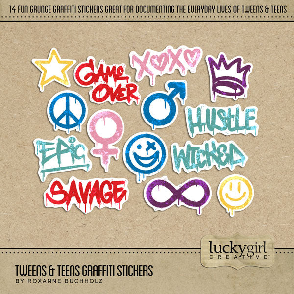 The Tweens & Teens Graffiti Stickers by Lucky Girl Creative is designed with a bright color palette and will add a fun element to your gamer and computer pages. Stickers include crown for king or queen, female symbol, male symbol, peace sign, happy face, smiley face, star, infinity sign, plus the words epic, game over, hustle, savage, wicked, and xoxo. 