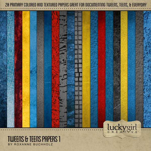 The Tweens & Teens Papers 1 by Lucky Girl Creative is designed with a primary color palette of grunge papers with a slightly masculine feel. Whether you have a young boy or girl, this collection of red, blue, yellow, and black is designed to mix and match with ease. Textures include grunge, denim, paint, tile, and wall stucco.
