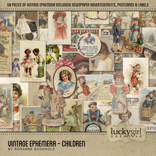 These vintage pieces of ephemera containing children from the early 1900's will help you add character and warmth to your family genealogy projects. Collection includes 50 antique digital art embellishments including newspaper advertisements, antique postcards, and labels featuring boys and girls, children, and kids.