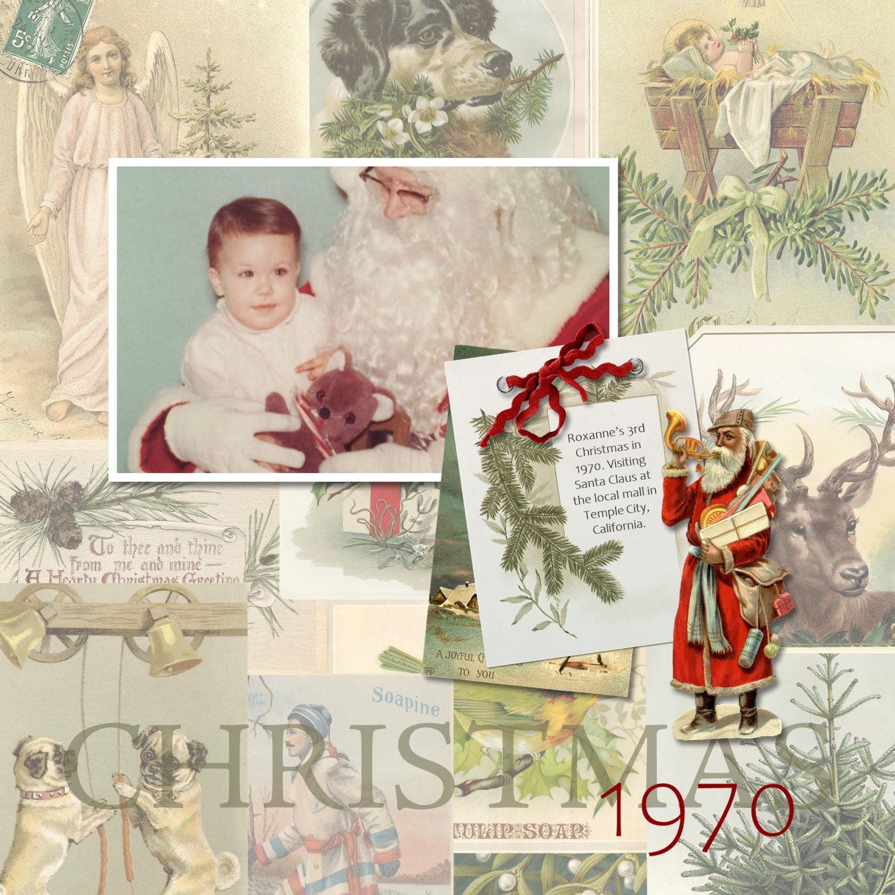 These vintage Christmas pieces of ephemera from the early 1900's will help you add character and warmth to your family genealogy projects. Collection includes 50 antique digital art embellishments including newspaper advertisements, antique postcards, and vintage labels featuring angels, Santa Claus, New Year, deer, reindeer, baby Jesus, manger, mistletoe, dogs, music sheets, evergreen, pine, holly, and more.