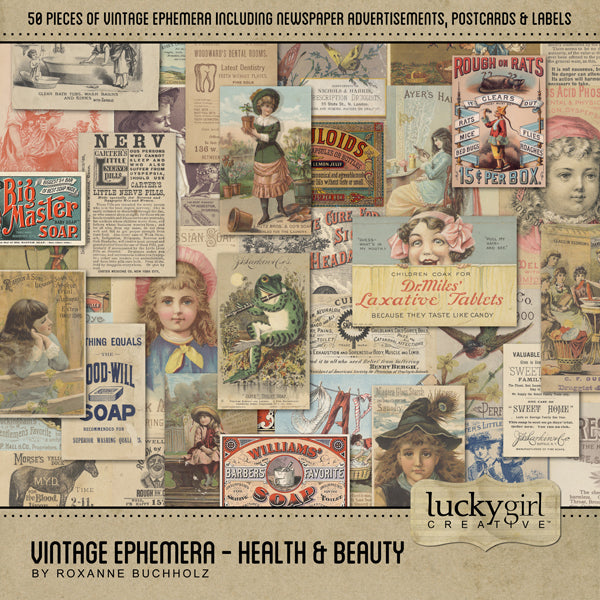 These vintage health and beauty pieces of ephemera will help you add character and warmth to your family genealogy projects. Collection includes 50 antique digital art embellishments including newspaper advertisements, antique postcards, and labels featuring children, laundry soap, vitamins, hair products, perfume, and more. 