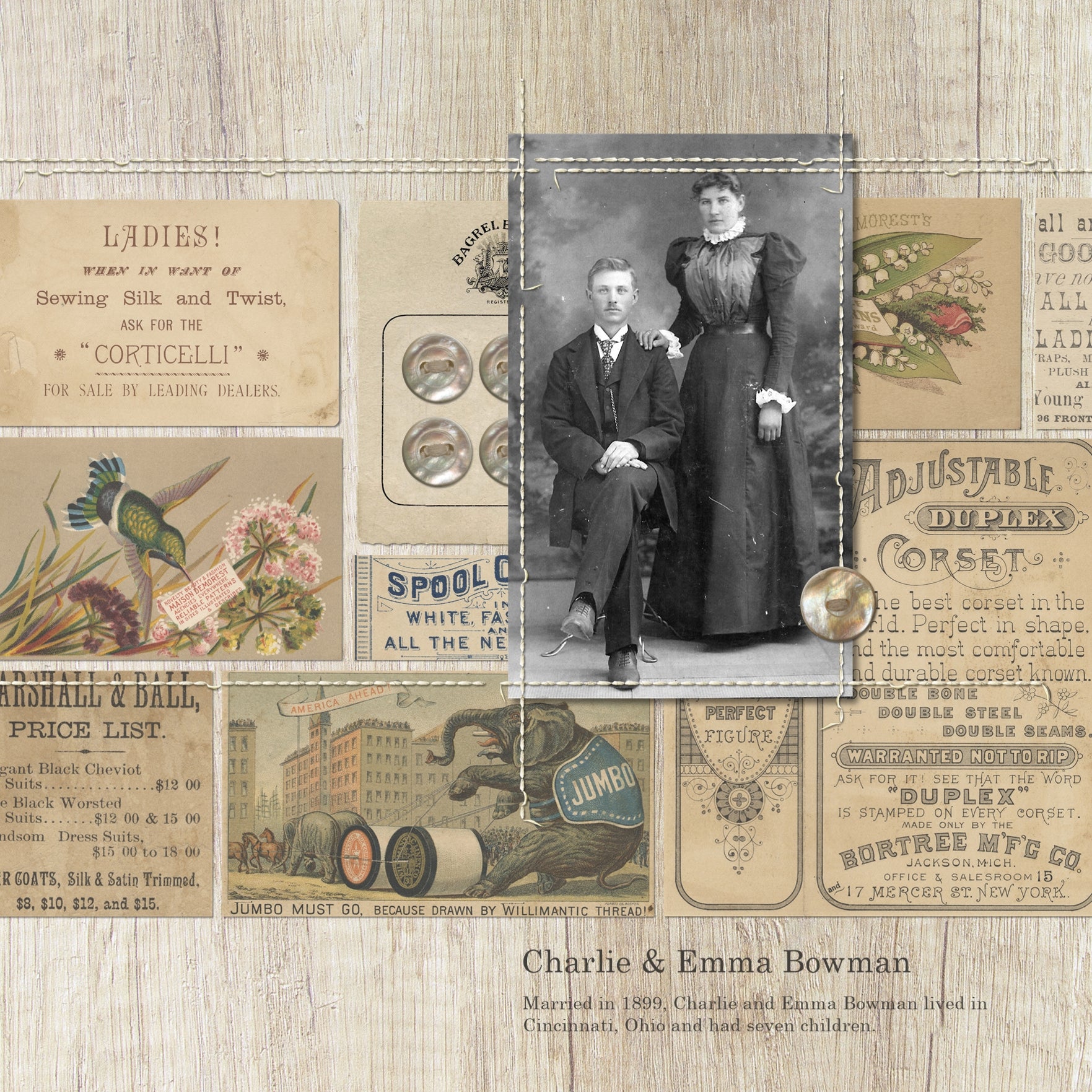 These vintage sewing pieces of ephemera from the early 1900's will help you add character and warmth to your family genealogy projects. Collection includes 50 antique digital art embellishments including newspaper advertisements, antique postcards, and vintage labels featuring sewing machines, thread, fashion, clothiers, shoes, dyes, and more.