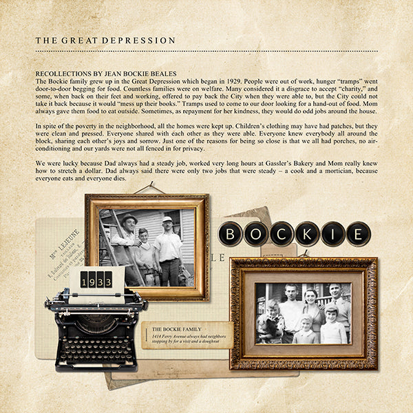 The Vintage Memories Letters Digital Scrapbook Kit includes vintage envelopes, papers, and antique postcards are the perfect way to accent your vintage family history and genealogy projects. Neutral in its color palette, these digital art pieces including an antique typewriter, will add depth and warmth to your project. Look to the Vintage Memories collection for all coordinating kits. 