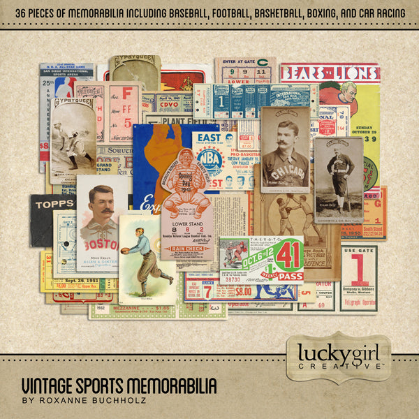 These vintage sports memorabilia digital scrapbooking embellishments are the perfect way to accent your family sports history and genealogy projects. Great for sports fans or athletes recalling memories from days gone by and things remembered from their glory days. Neutral in its color palette, these antique, realistic embellishments will add depth and warmth to your project.